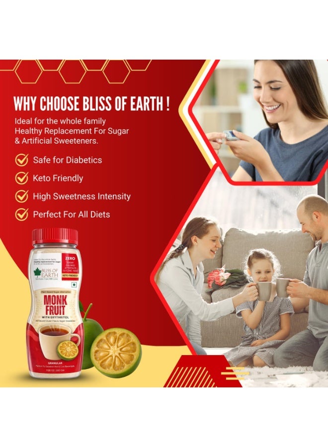 BLISS OF EARTH Monk Fruit Sweetener with Erythritol (200g), 1:1 Zero Calorie Sugar Alternative, Keto Friendly, No Aftertaste, Zero Glycaemic Natural Sweetener - Image 5